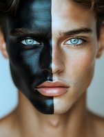 Creative portrait with half face painted black contrasting with natural skin tone, highlighting bright blue eyes and defined features against light background.