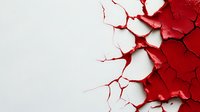 Red cracked paint peeling off white surface creating abstract pattern with dramatic contrast and textural detail. Artistic decay reveals layers beneath.