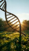 DNA double helix structure rising from lush green meadow at golden hour sunrise with sparkling light effects for biotechnology and genetics concepts.
