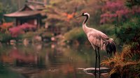 Elegant crane bird standing by tranquil pond in autumn Japanese garden with colorful foliage reflection creating peaceful zen atmosphere for nature photography.