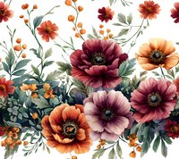 Watercolor floral arrangement with burgundy and orange poppies, berries, and green foliage on white background. Seamless botanical pattern for fabric and wallpaper design.