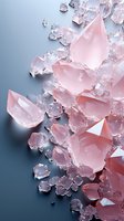 Delicate pink crystal formations with scattered fragments on dark background create elegant composition for luxury cosmetic advertising and beauty industry designs.