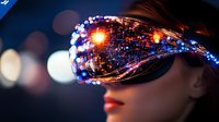Futuristic glowing fiber optic eyewear on young Asian woman with illuminated blue and orange lights against dark background with bokeh effects.
