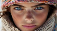 Young Caucasian woman with striking blue eyes wearing colorful knitted hat and beige scarf, close-up portrait with natural freckles for lifestyle content.