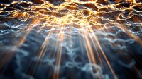 Dramatic ocean waves illuminated by golden sunbeams breaking through dark storm clouds, creating ethereal light rays reflecting off turbulent water surface.