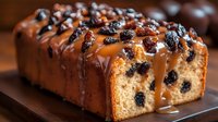 Freshly baked raisin pound cake drizzled with caramel sauce and chocolate, topped with dried fruit on rustic wooden surface, close up view of moist texture.