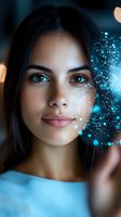 Young woman with glowing magical particles and network effects on face against dark background, representing artificial intelligence and future technology.