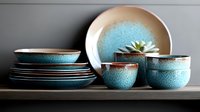 Handcrafted ceramic dinnerware set in turquoise and cream with speckled glaze finish, stacked on wooden shelf, featuring plates, bowls and decorative succulent.