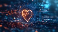 Glowing heart shape with pulse line surrounded by digital network connections and particles on dark background with orange and blue lights.