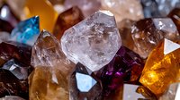 Colorful collection of natural gemstones and crystals including quartz, amethyst and citrine minerals for jewelry making, healing practices and decoration.
