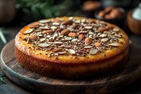 Homemade baked cheesecake topped with caramel sauce, sliced almonds and chocolate crumbs on wooden serving board. Dark moody food photography style.