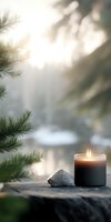 Glowing candle with crystal on stone surface near pine branches, creating peaceful winter atmosphere. Soft bokeh background with snowy forest scene.
