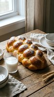 Fresh braided challah bread with sesame seeds on rustic wooden table with milk glass and ceramic plates for cozy breakfast or bakery display.