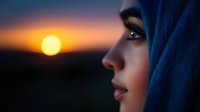 Side profile of young Middle Eastern woman in blue hijab against dramatic sunset sky with glowing orange sun, creating atmospheric mood and cultural representation.