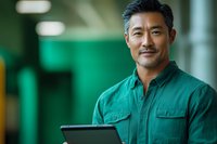 Confident Asian businessman in green shirt holding digital tablet, standing in modern office environment with soft emerald lighting and blurred background.