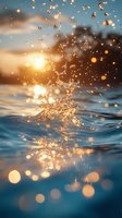 Water splash with golden droplets against sunset sky, creating sparkling bokeh effect over blue ocean surface.