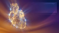 Glowing wireframe human heart with golden light effects on purple gradient background for medical and healthcare design concepts.