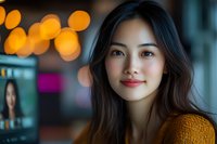 Young Asian woman with gentle smile wearing yellow sweater against blurred bokeh lights background, soft evening atmosphere creates warm portrait mood.