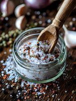 Aromatic sea salt blend with pink peppercorns and herbs in glass jar, wooden spoon scooping crystals, moody food photography on rustic wooden surface.