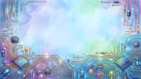 Futuristic circuit board with glowing neon lines and microchips on pastel gradient background. Tech design for digital innovation, AI, and computing concepts.