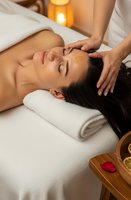 Relaxed woman receiving professional head massage therapy at luxury spa with candles and wellness accessories for stress relief and rejuvenation.
