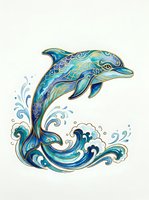 Ornate dolphin leaping from decorative ocean waves in turquoise and gold tones, isolated on white background for design projects and merchandise applications.