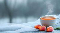Steaming cup of tea with fresh spring tulips on soft blue textile background, creating cozy morning atmosphere with natural light and gentle bokeh effect.