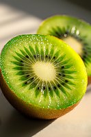 Fresh juicy kiwi fruit cut in half showing bright green flesh with black seeds and white center in natural sunlight, macro food photography.