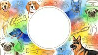 Colorful watercolor dog breeds frame with blank circle space for text. Pet care, veterinary clinic, animal shelter promotional design with paw prints and bones.
