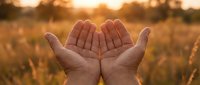 Two open hands cupped together against a golden sunset field, symbolizing giving, receiving, hope, charity, and gratitude in nature.