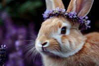 Adorable ginger rabbit wearing purple lavender flower crown against dark background with soft bokeh effect, close up portrait showing bright blue eyes and gentle expression.