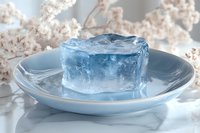 Large translucent blue ice cube on ceramic plate against marble surface with soft dried flowers in background creates serene winter atmosphere.