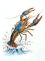 Colorful crayfish with blue and orange patterns jumping out of water with splashes on white background, isolated for design use.