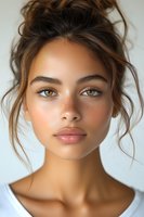 Young mixed-race woman with natural makeup, freckles, and messy bun hairstyle gazing directly at camera. Soft lighting highlights amber eyes and glowing skin.