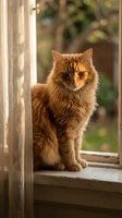 Fluffy ginger cat sitting on a sunlit windowsill with soft curtains and blurred green garden in background, warm cozy home atmosphere.