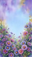 Watercolor aster flowers in purple and pink bloom against a soft blue sky background with copy space for text or design.