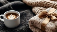 Hot coffee with latte art heart design in white cup next to cozy knitted gift box wrapped with golden ribbon bow on dark textile background.