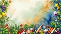 Watercolor cooking scene with fresh produce, herbs, and kitchen utensils arranged around a central pot, featuring vibrant fruits and vegetables for culinary and food preparation themes.