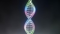 Glowing DNA double helix with colorful neon light effects on dark background for genetics research, biotechnology and medical science concepts.