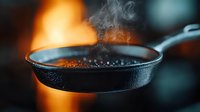 Hot cast iron pan with rising steam against blurred orange flame background, dramatic kitchen photography showing cooking surface and heat dynamics.