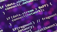 Programming code on screen with purple background showing network connection functions and data stream syntax for software development projects.