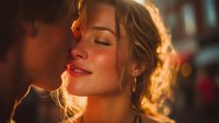 Young couple sharing intimate moment with warm golden hour lighting creating romantic atmosphere for relationship and love concepts.