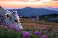 White cow grazing in mountain meadow with purple wildflowers at golden hour sunset. Rural farming landscape with peaceful pastoral scenery for agriculture concepts.
