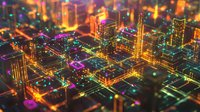 Vibrant neon cityscape with glowing skyscrapers and colorful light trails viewed from above, creating a futuristic urban landscape at night.