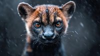 Young fossa with striking blue eyes in dramatic lighting against dark background. Wild Madagascar carnivore portrait showcasing intense gaze and natural beauty.