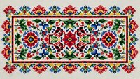 Traditional folk embroidery pattern with colorful geometric motifs and floral elements on beige background for textile design and cultural decoration.