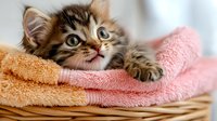 Adorable fluffy kitten peeking from soft pink and orange towels in wicker basket, showing playful expression with big eyes and extended paw.