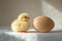 Adorable yellow baby duckling next to large brown chicken egg on white textured background, soft natural lighting creates gentle shadows and warm atmosphere.
