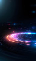 Curved light trails glowing in neon pink, blue and orange colors against dark background create dynamic motion effect, suitable for technology concepts.
