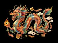 Ornate Asian dragon with vibrant red, gold, and green scales, flowing mane, and decorative clouds isolated on transparent background. Ready for t-shirts, clipart, stickers, and print-on-demand designs.